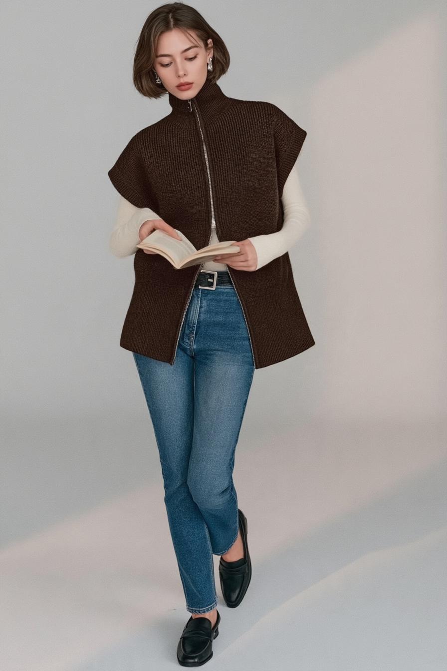 Dual Zip Turtleneck Knit Top