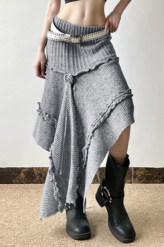 Knit Asymmetric Hem High Waist Midi Skirt Main image