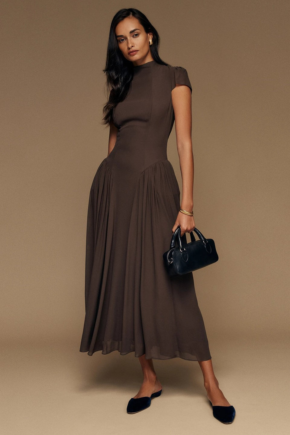 Mock Neck Cap Sleeve Fit And Flare Maxi Dress