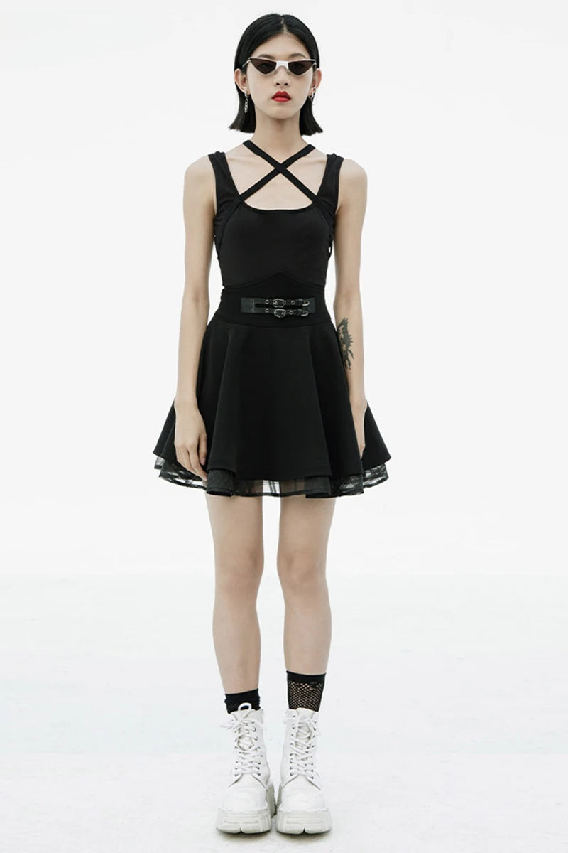 Women's Nicola Series Dark High Waist Sun Swing Style Twill Woven Spliced Black Skirt Main image