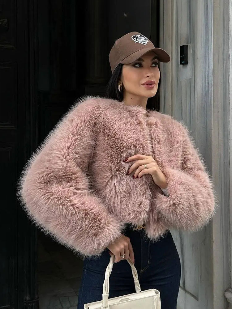 Faux Elegant Pink Loose Long Cardigan Luxury High Coat