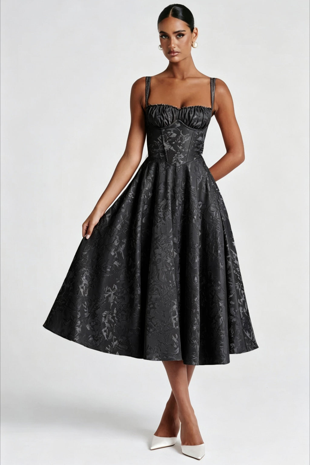 Jacquard Cami Backless Waist Cinched Midi Dress