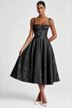 Jacquard Cami Backless Waist Cinched Midi Dress