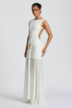 Solid Sleeveless Backless Ruched Waist Slit Formal Dress