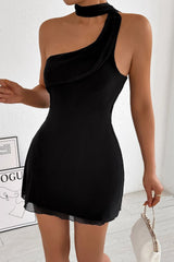 Sexy One Shoulder Sleeveless Halter Tie Bodycon Cocktail Dress