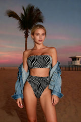 Wave Striped Bandeau High Waist Two Piece Swim Sets