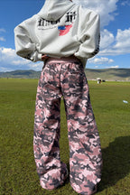 Pink Camouflage Drawstring Wide Leg Pants