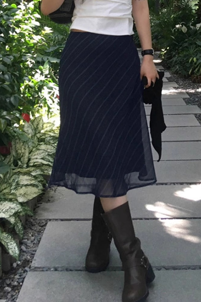 Stripe Print Sheer Mesh Knit Midi Skirt Secondary image