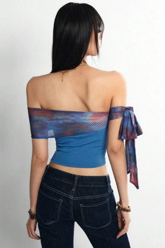 Tie-Dye Off-Shoulder Side Bow Crop Top
