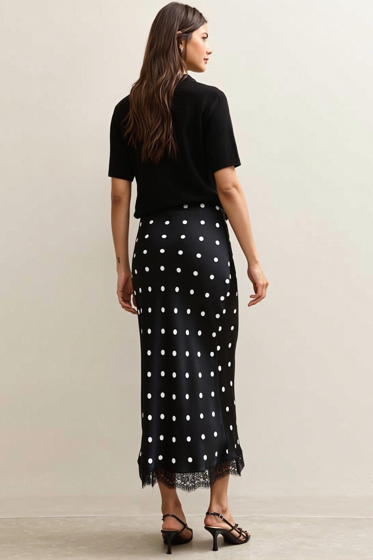 Polka Dot Lace Trim Column Midi Skirt