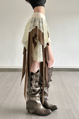 Sheer Lace Overlay Fringe Hem Skirt