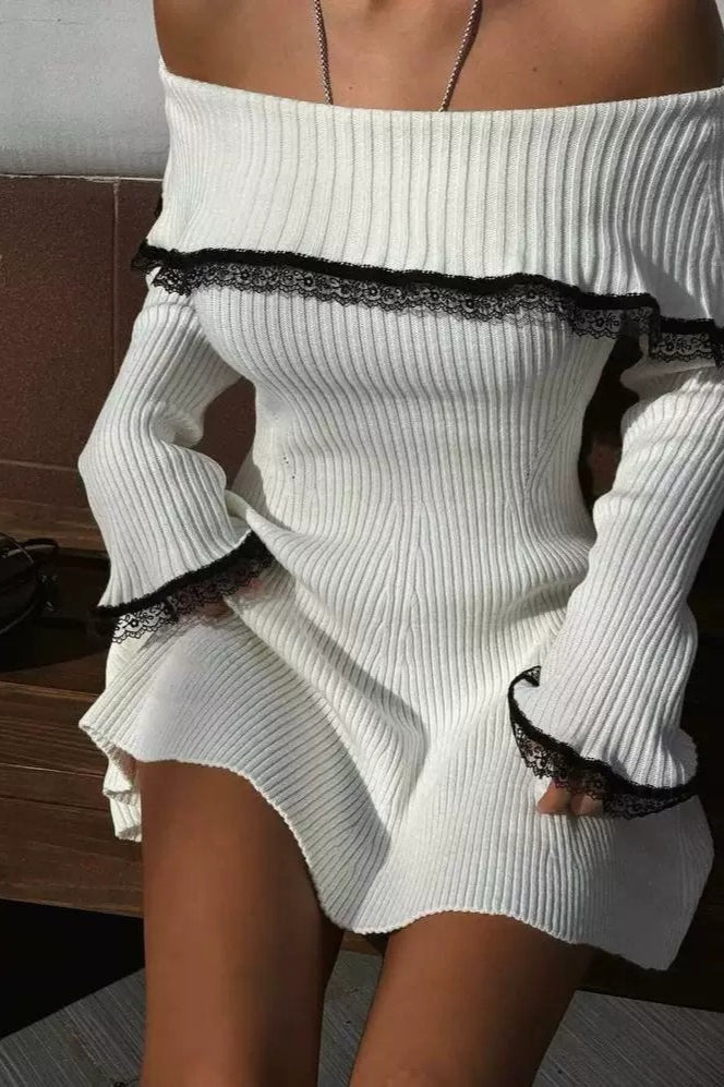 Lace-Trimmed Knit Off-Shoulder Mini Sweater Dress Main image