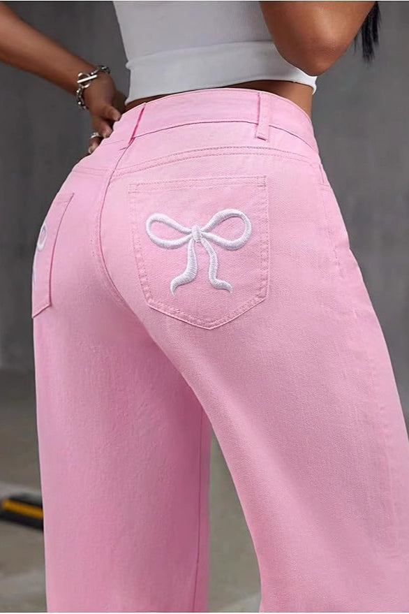 Y2K Bow Embroidered High Waist Straight Loose Jeans Secondary image