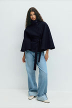 High Neck Button Detail Batwing Sleeve Coat