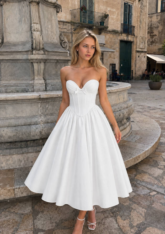 Romantic Bow Boned Strapless Slim Solid Prom Dress