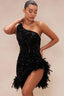 Sequin Feather One Shoulder Bodycon Slit Chic Cocktail Dress