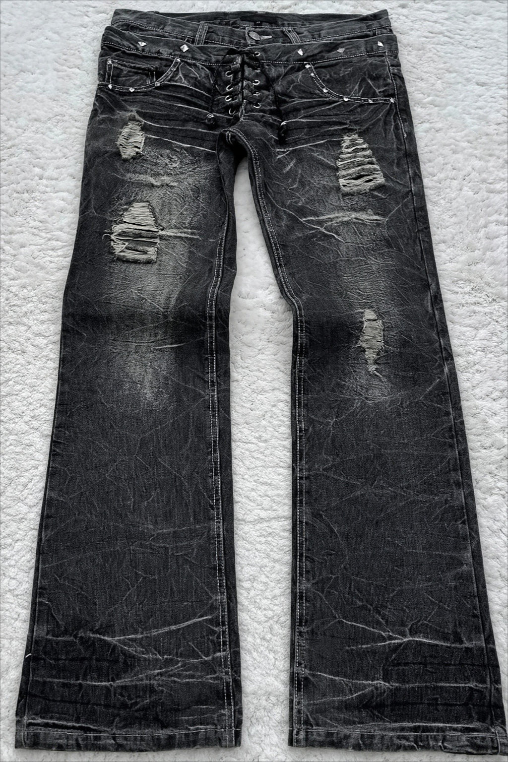 Lace Up Double Waist Distressed Jeans