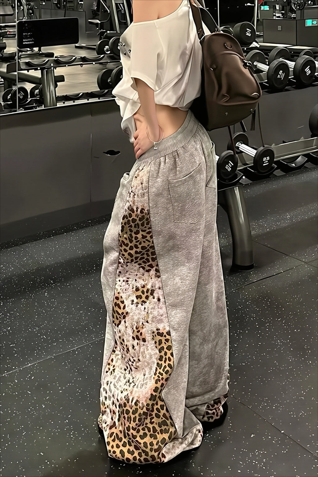 Leopard Panel Drawstring Wide Leg Pants