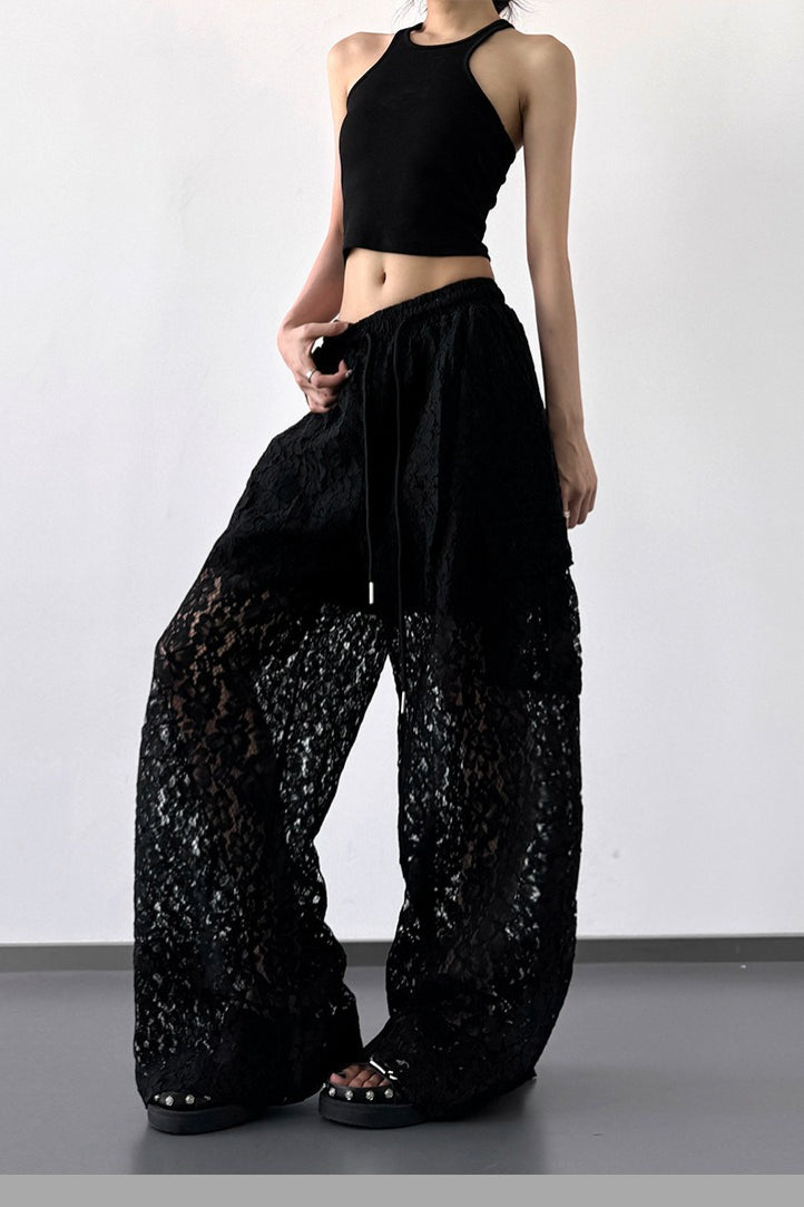 Patchwork Cutout Lace Straight Wide Leg Cargo Pants Secondary image
