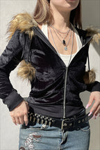 Velvet Fur Pocket Cropped Zip Hoodie