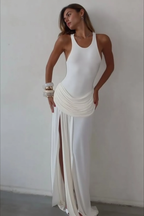 Sexy Solid Fitted High Slit Ruched Sleeveless Party Dress