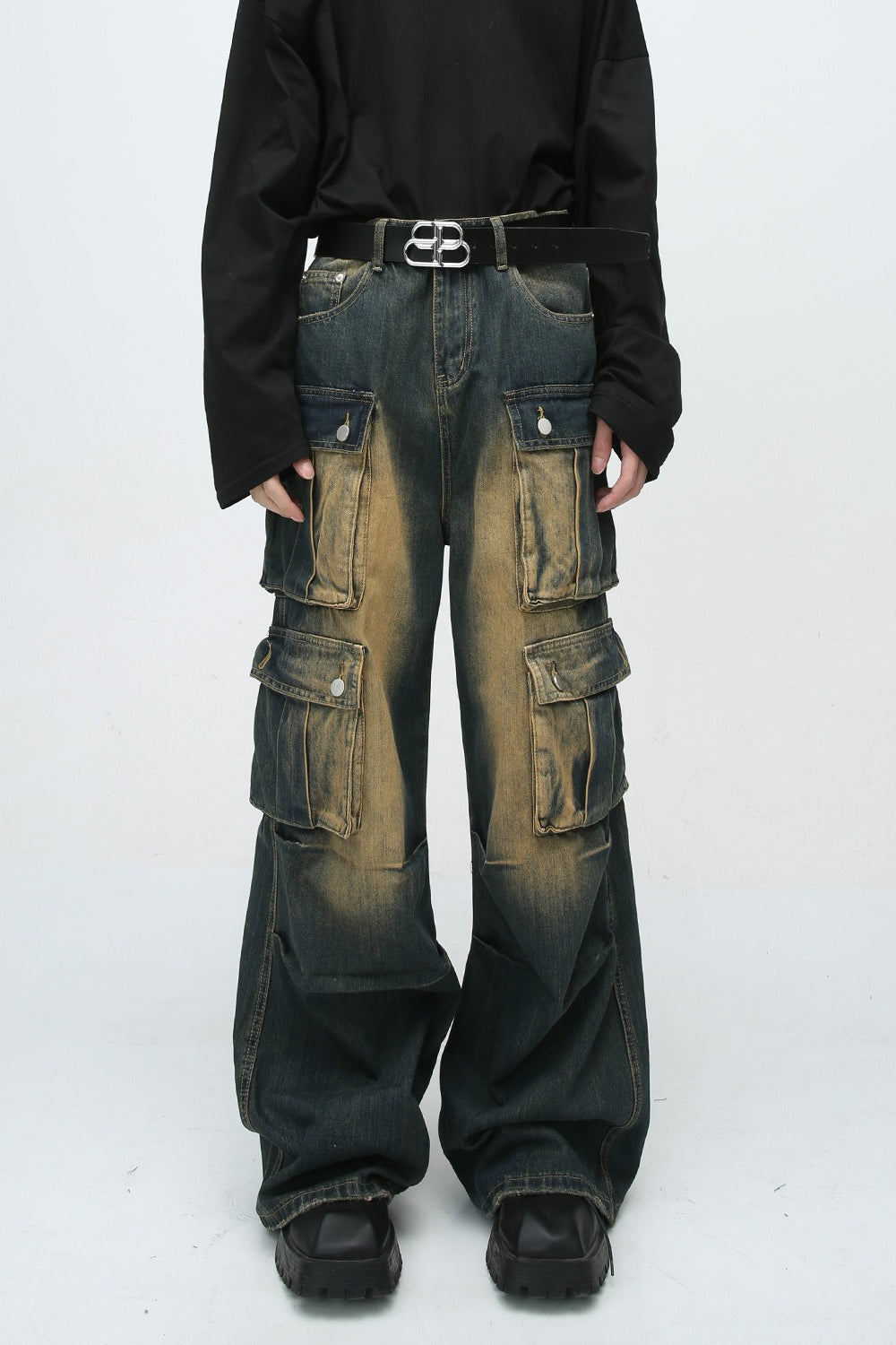 Paneled Multi Pocket Distressed Vintage Cargo Jeans Main image