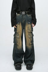 Paneled Multi Pocket Distressed Vintage Cargo Jeans