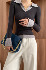 Color Block Faux Two Piece Polo Collar Slim Knit Blouse