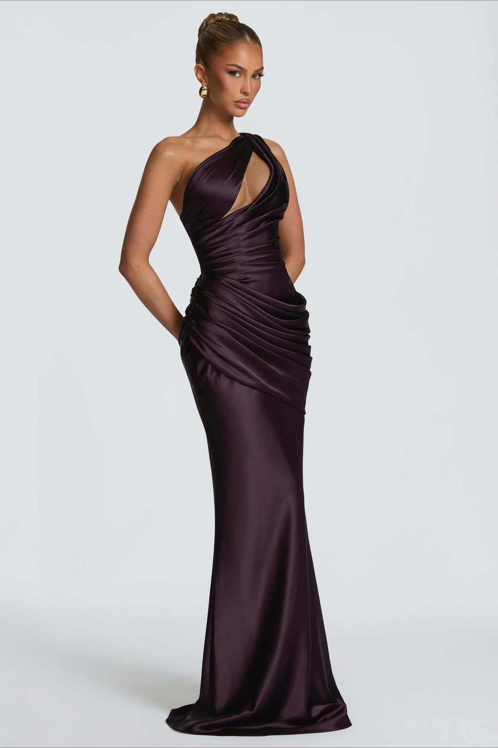 One Shoulder Cutout Ruched Satin Maxi Dress