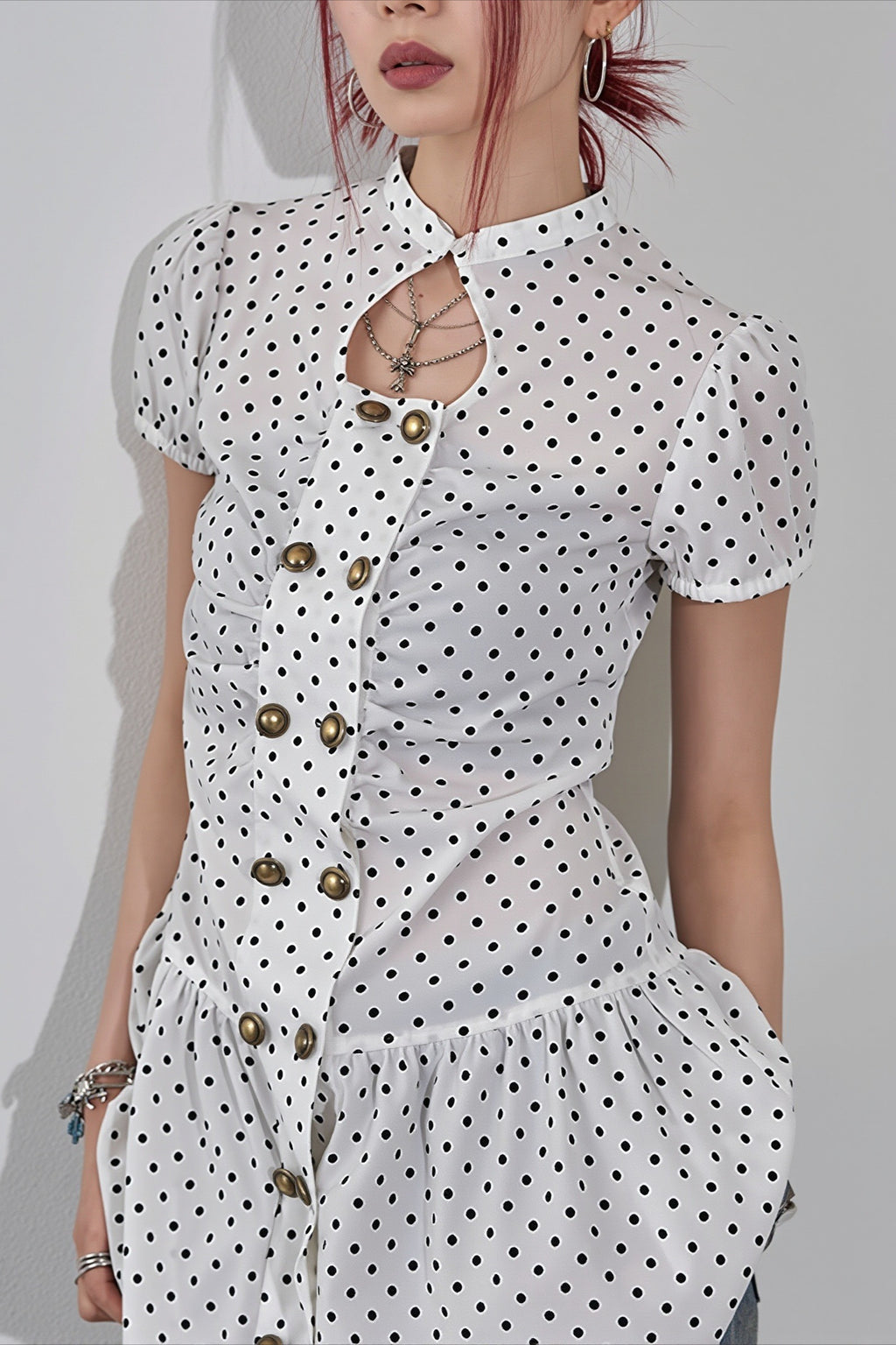 Polka Dot Button Puff Sleeve Mini Dress