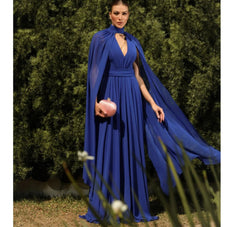 Blue Cape Chiffon Prom Dress