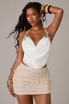 Pearl Embellished Halter Backless Crop Top