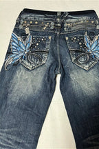 Butterfly Embroidered Washed Denim Bootcut Jeans