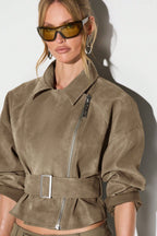 Suede Look Asymmetric Zip Belted Cropped Coat