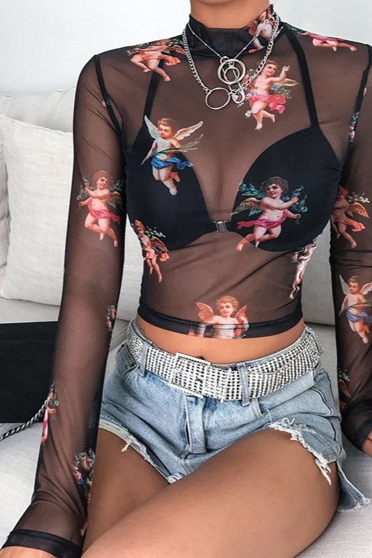 Mock Neck Cupid Print Mesh Long Sleeve Crop Top Secondary image