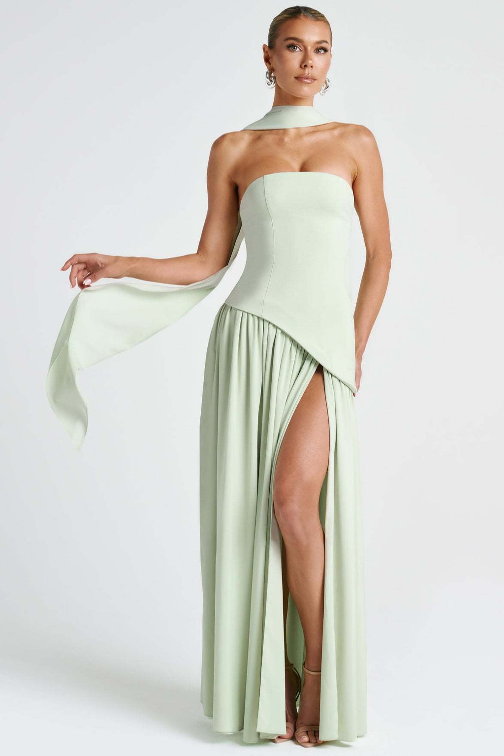 Strapless Contrast Panel High Slit Party Dress