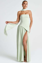 Strapless Contrast Panel High Slit Party Dress