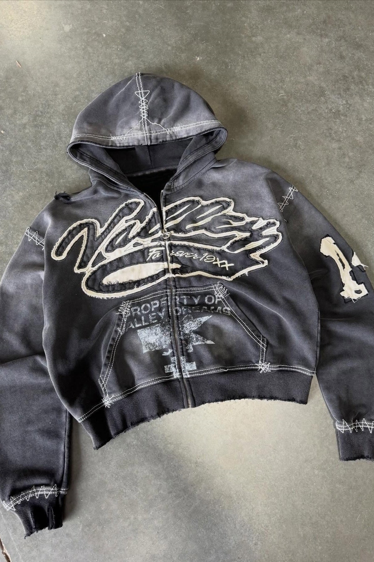 Washed Embroidered Graphic Zip Front Hoodie Main image