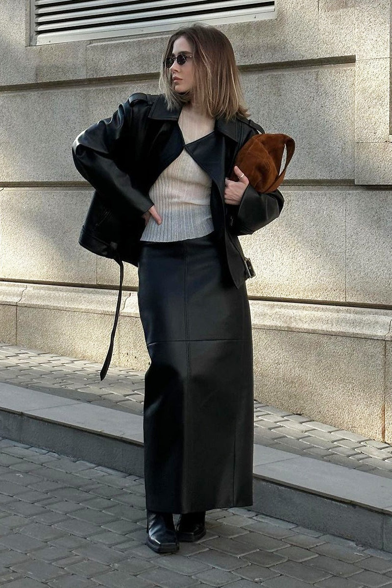 Shiny PU Leather Side Slit Pencil Skirt Main image