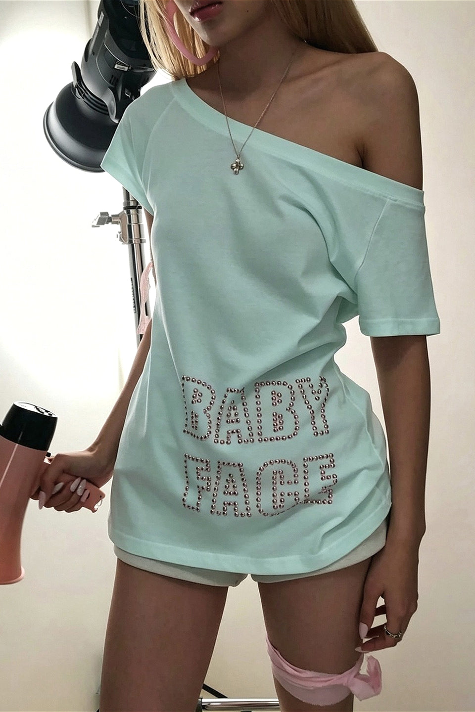 Rhinestone Letter Off Shoulder Oversized T-Shirt