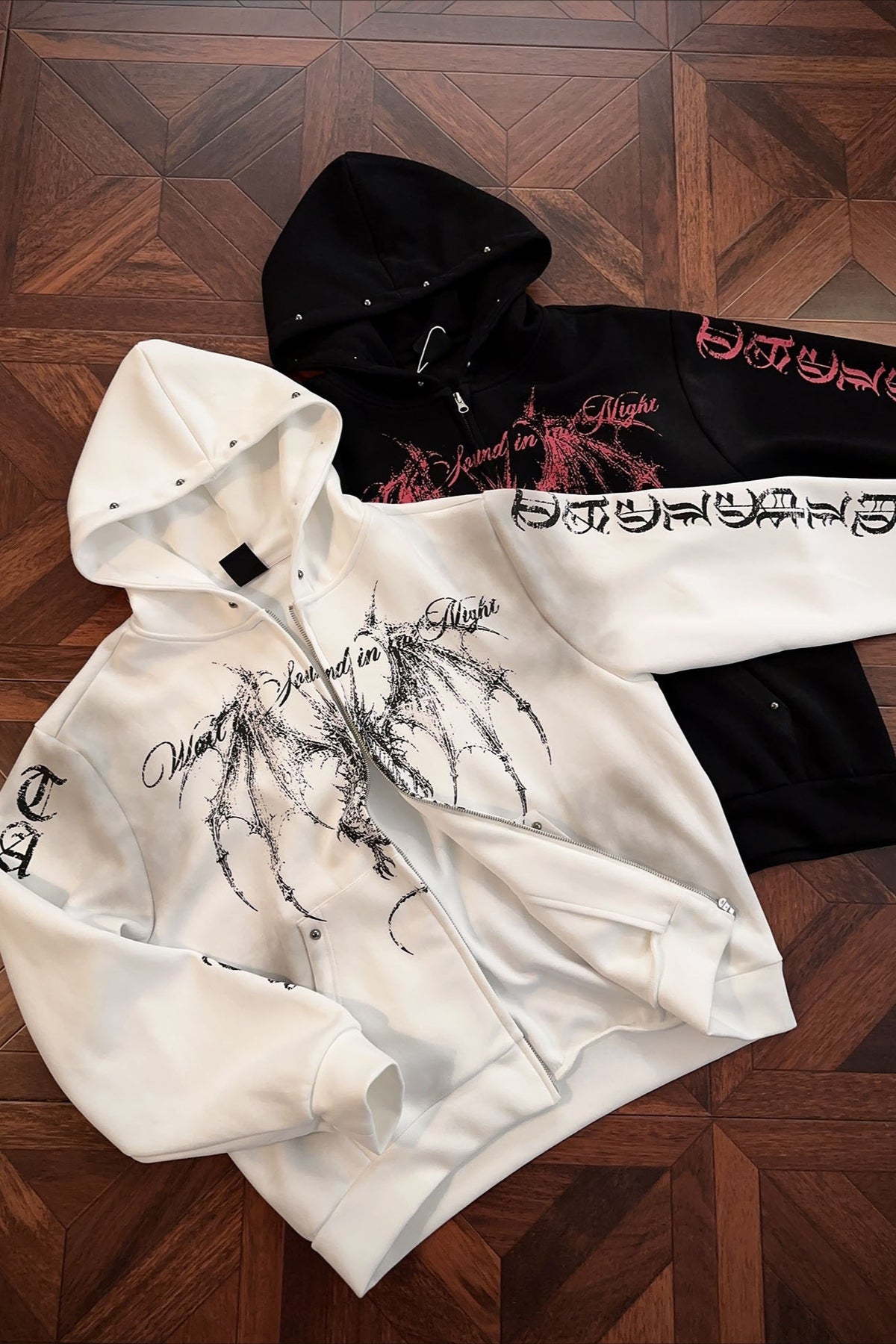 Gothic Dragon Graphic Studded Zip Hoodie