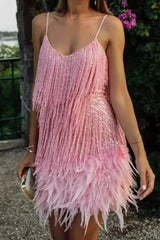Fringed Sequin Feather Panel Chic Cocktail Dress