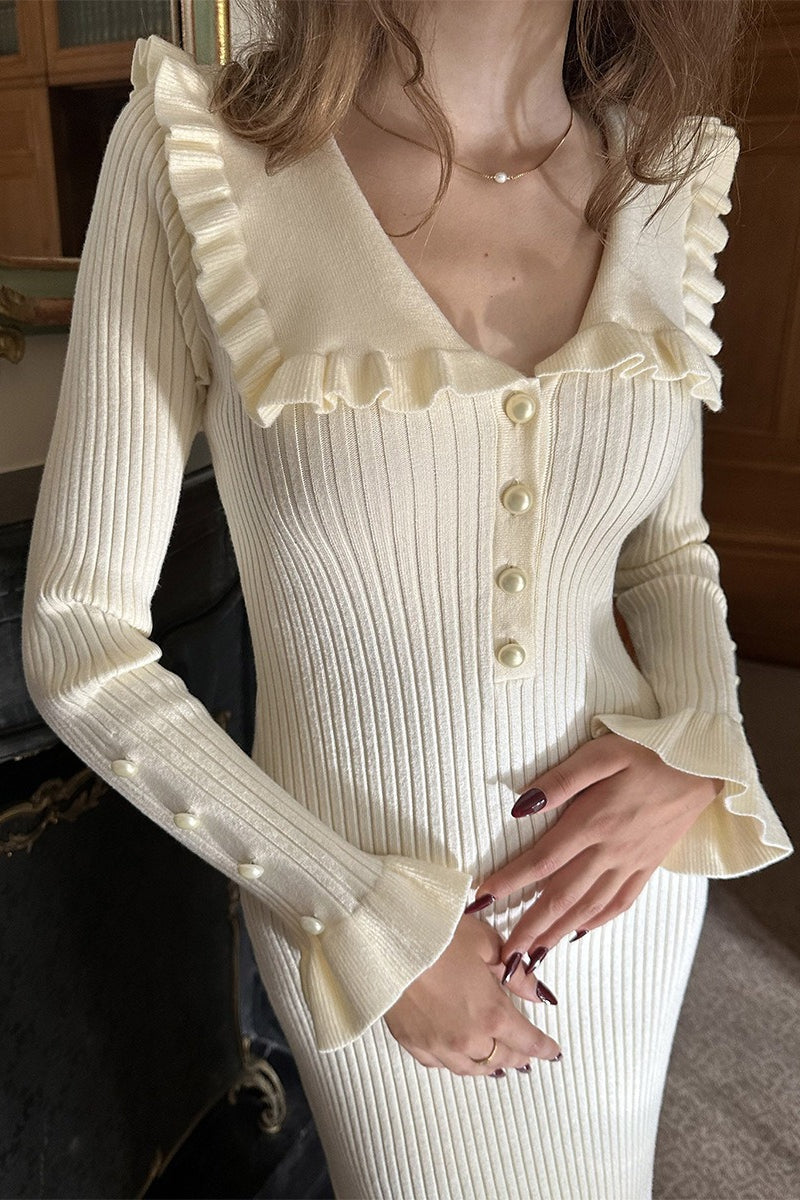 Chic Ruffled Collar Knitted Maxi Sweater Dress Main image