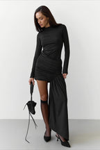 Mock Neck Ruched Asymmetric Panel Mini Dress