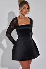 Sexy Plunging Solid Square Neck Lace Panel Long Sleeve Cocktail Dress