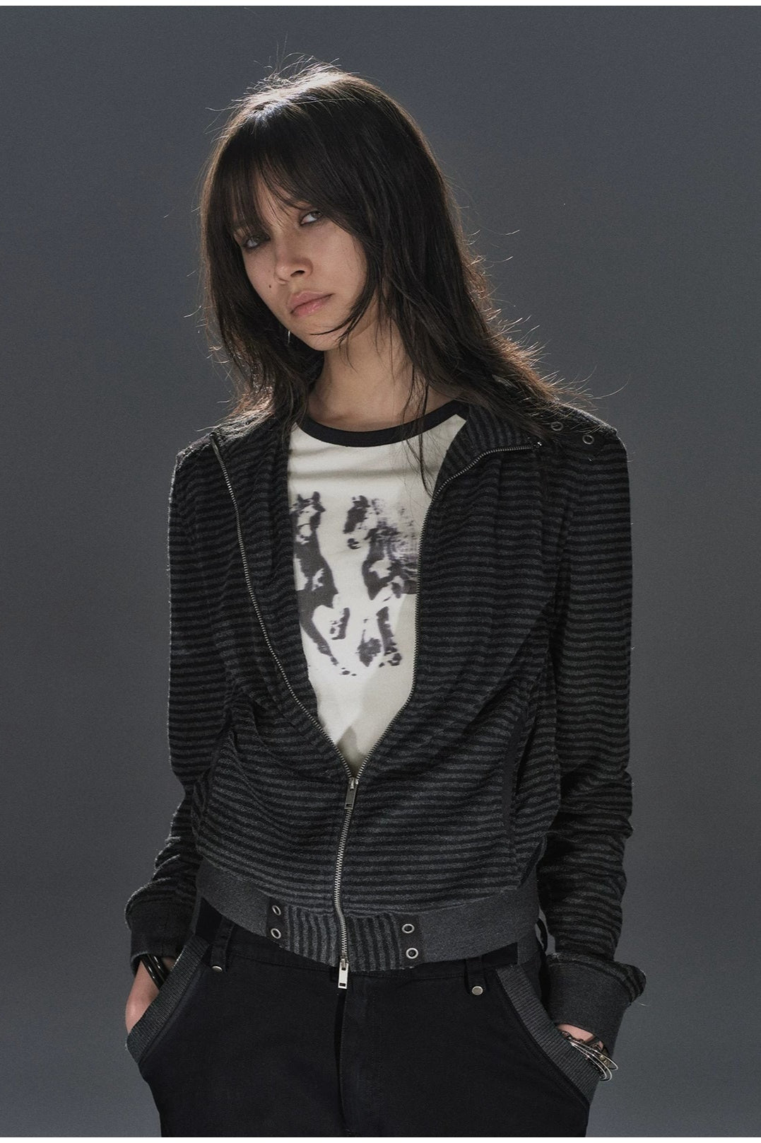 Black Pinstripe Belted Zip Up Hoodie Main image