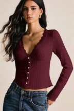 Lace V Neck Ribbed Button Long Sleeved T-shirts