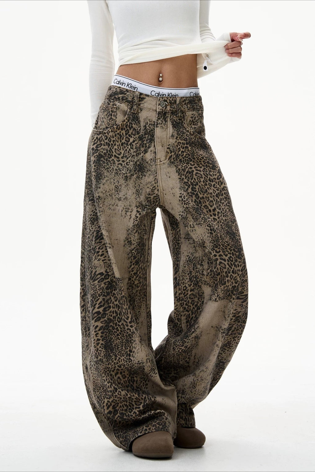 Leopard Washed Barrel Leg Streetwear Jeans