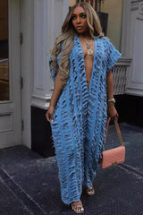 Distressed Denim Deep V Baggy Wide Leg Jumpsuit