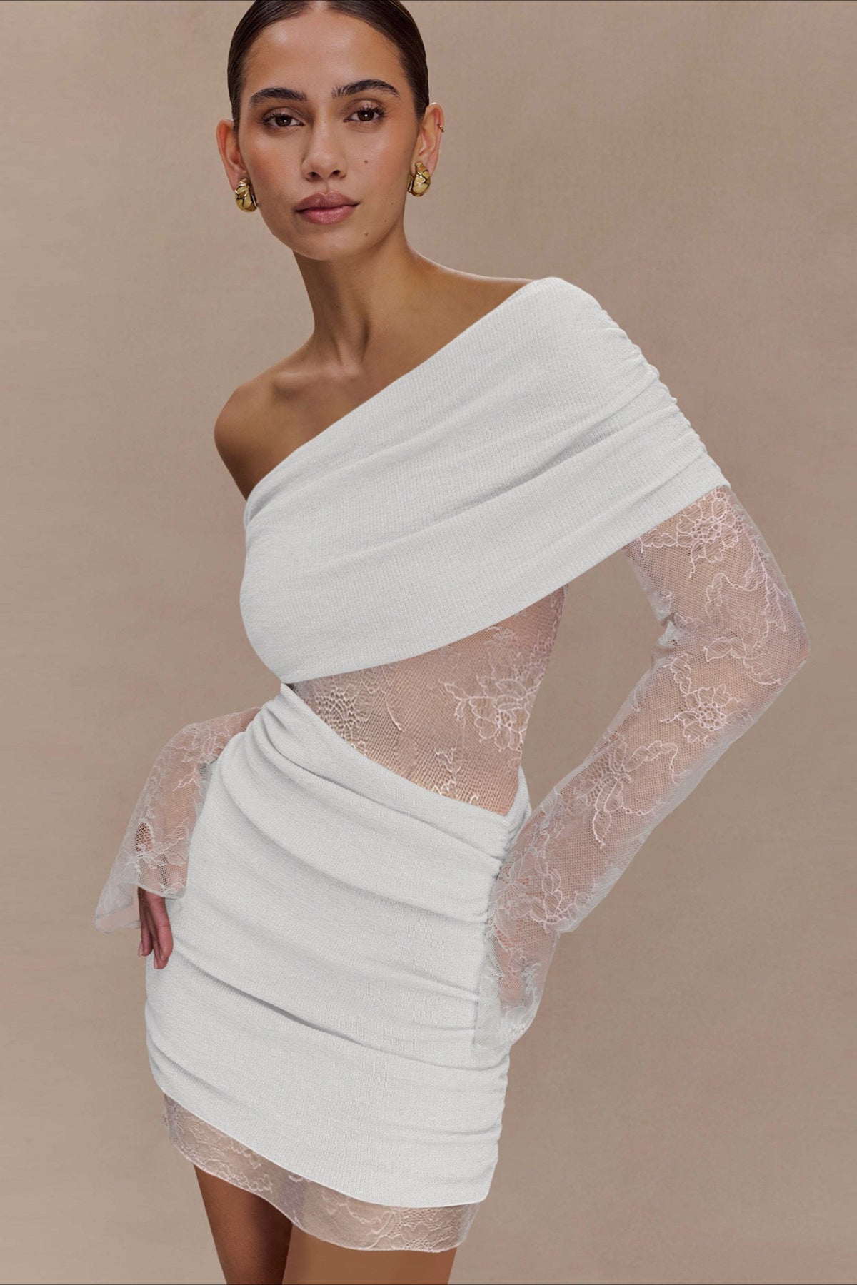 Off Shoulder Lace Sleeve Bodycon Mini Party Dress